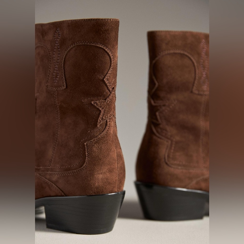 Bibi Lou Short Western Brown Suede Star Embroidered Point Toe Cowgirl Booties 37 - Picture 2 of 14